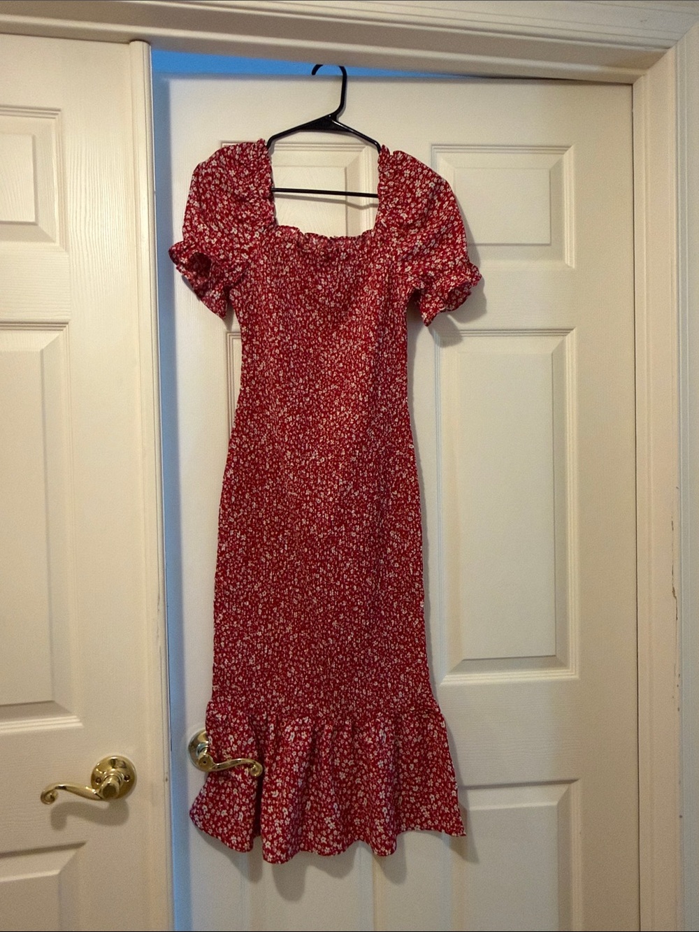 Pretty Garden Red Floral Smocked Midi Dress